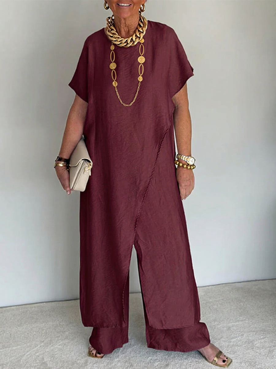 🔥LAST DAY SAVE 49% ⏰Women's Cozy Loose Fit Asymmetrical Two-Piece Set - Casual Retro Cotton Blend Outfit